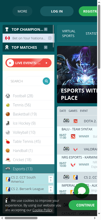 22Bet mobile view